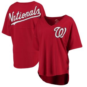 Washington Nationals Women’s Red Oversized Spirit Jersey V-Neck T-Shirt